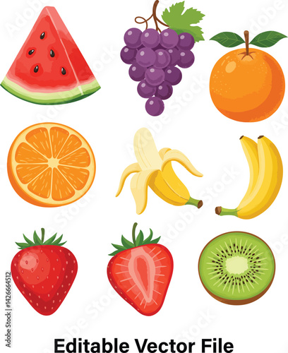 Colorful Fruit Vector Set – Watermelon, Grapes, Banana, Orange, Strawberry, Kiwi Illustration.
