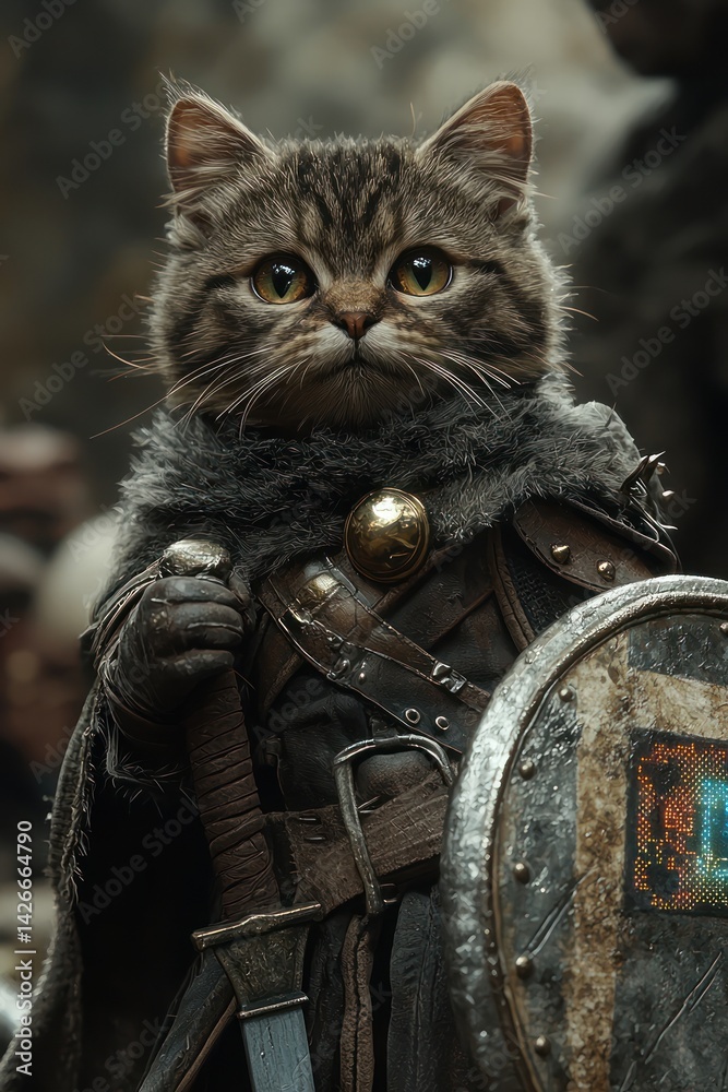 Cat Warrior Holding Sword and Shield Ready for Battle