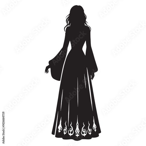 Dark elegance Witchy Maxi Dress silhouette, perfect for spellbinding nights – Witchy Maxi Dress illustration – Minimalist Witchy Maxi Dress vector – Ladies dress silhouette

