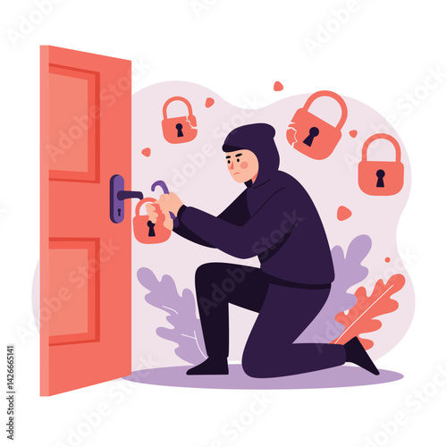 Burglar opening locked door with key in security break-in scene vector illustration 