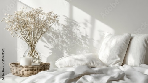 Tranquil bedroom decor with dried flowers pure white background home style minimalist serene view
