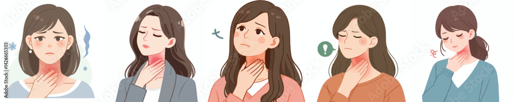 flat design vector collection of a young woman with a sore throat flat design vector collection of a young woman with a sore throat