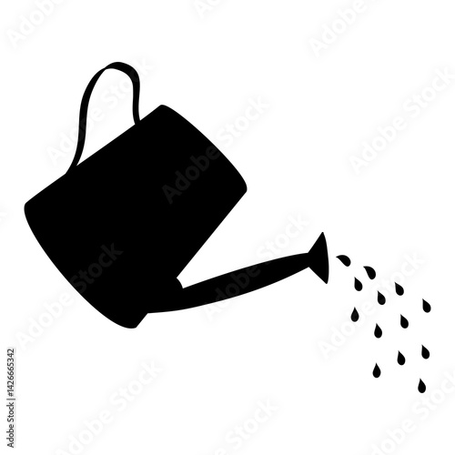 Watering can illustration. Gardening tool black silhouette. Equipment for plant care.