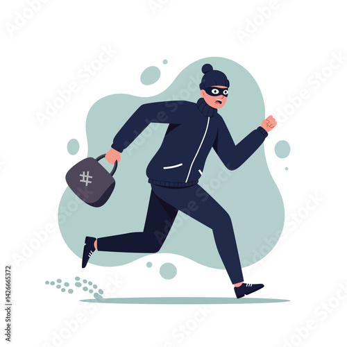 Thief Running with Stolen Bag in Mask and Dark Clothing Vector Illustration 