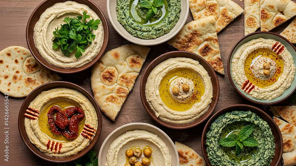 Delicious middle eastern spread with hummus and pita on a wooden table Delicious middle eastern spread with hummus and pita on a wooden table