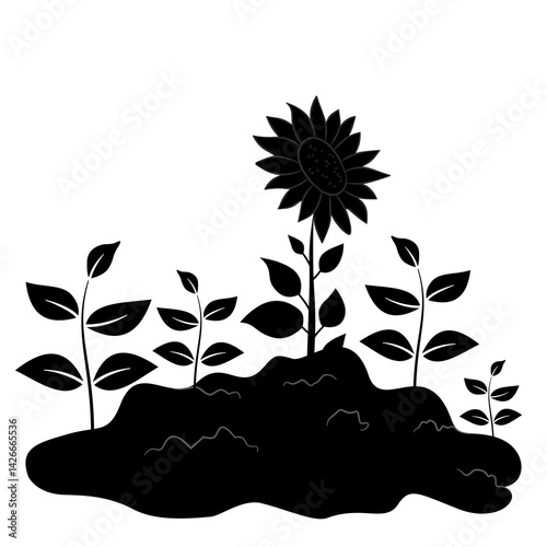 Sprout grows from the soil line art . Vector silhouette of growing flower plant. Ecology element of new life in nature