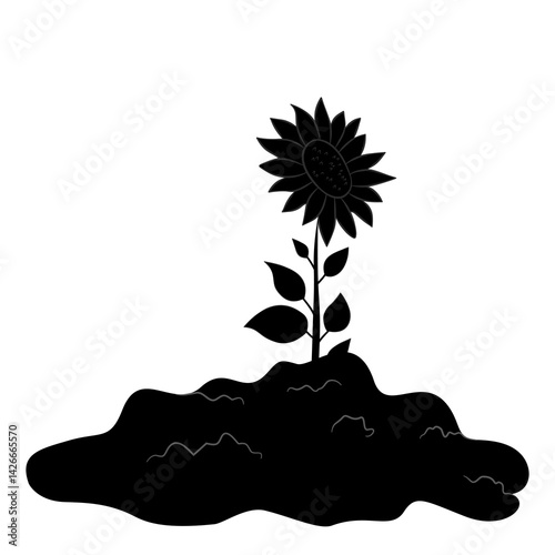 Sprout grows from the soil line art . Vector silhouette of growing flower plant. Ecology element of new life in nature