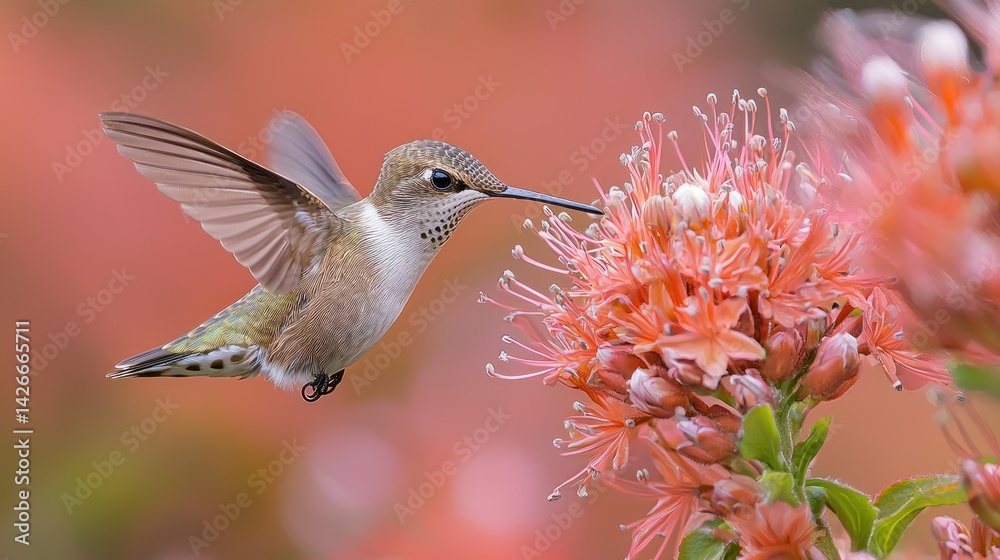 Fototapeta premium Hummingbird in flight, feeding on coral-colored flower, garden setting