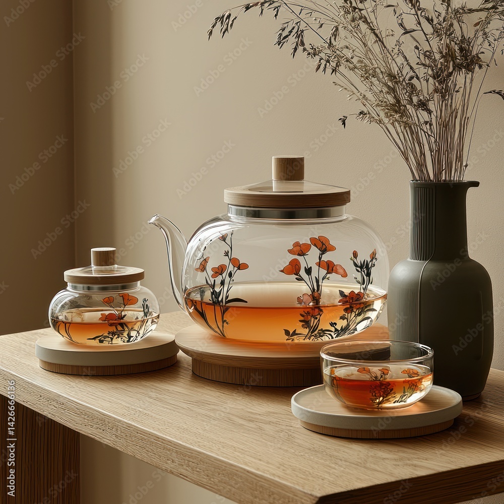 Glass Tea Set Still Life Featuring Floral Design and Modern Aesthetics