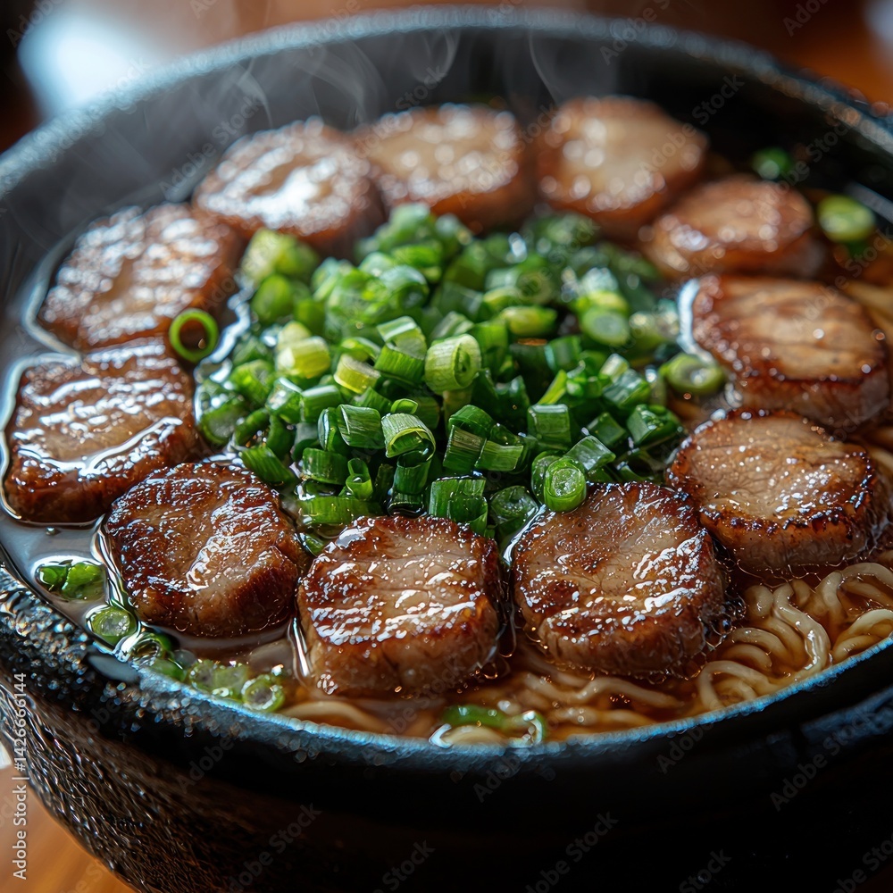 Delicious Ramen Bowl with Pork and Scallions in Broth Ready to Eat