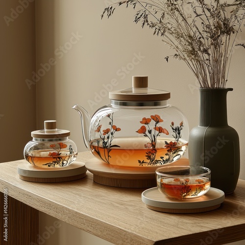 Obraz na płótnie Glass Tea Set Still Life Featuring Floral Design and Modern Aesthetics w salonie
