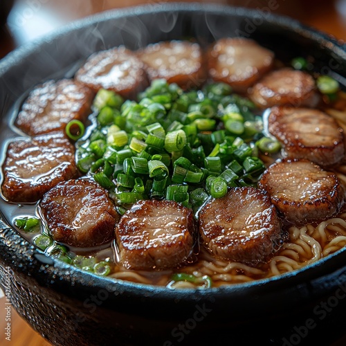 Obraz na płótnie Delicious Ramen Bowl with Pork and Scallions in Broth Ready to Eat w salonie