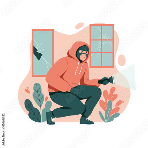 Masked burglar in orange hoodie breaking window with crowbar during night crime scene vector illustration 