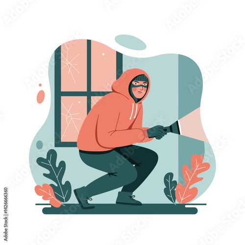 Burglar with flashlight wearing hoodie sneaking near broken window at night vector illustration 
