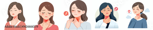 flat design vector collection of a young woman with a sore throat