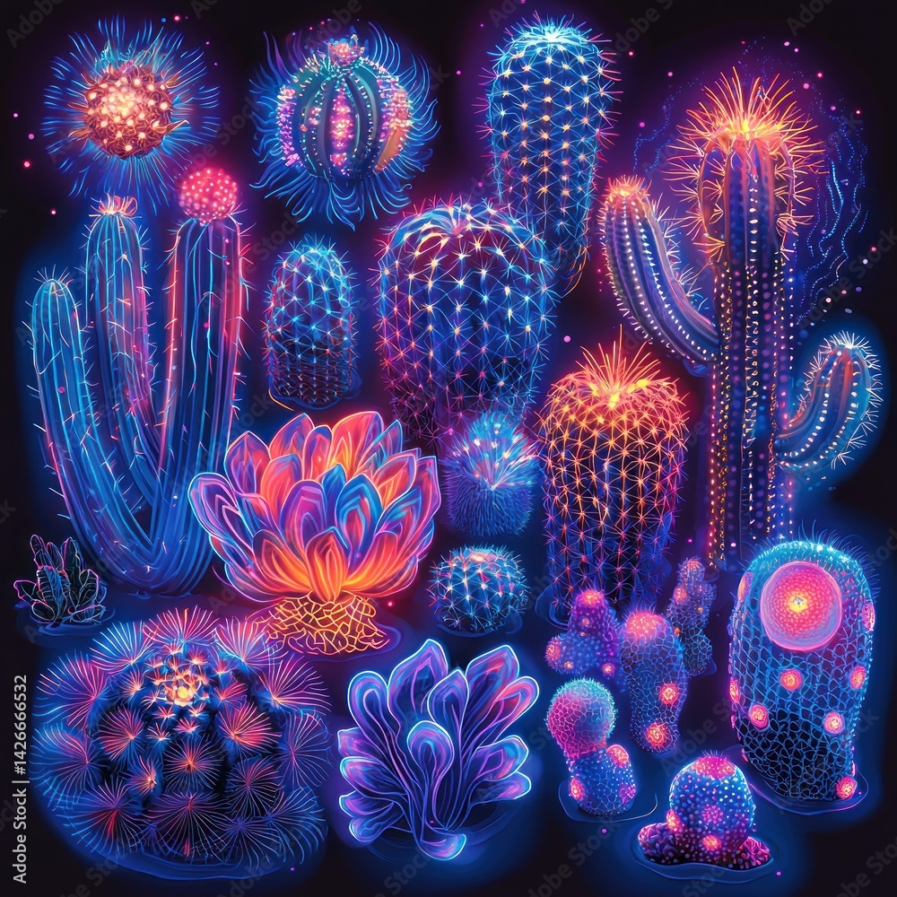 Glowing Cactus and Succulent Collection with Vibrant Neon Light Effects