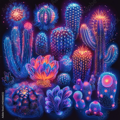 Obraz na płótnie Glowing Cactus and Succulent Collection with Vibrant Neon Light Effects w salonie