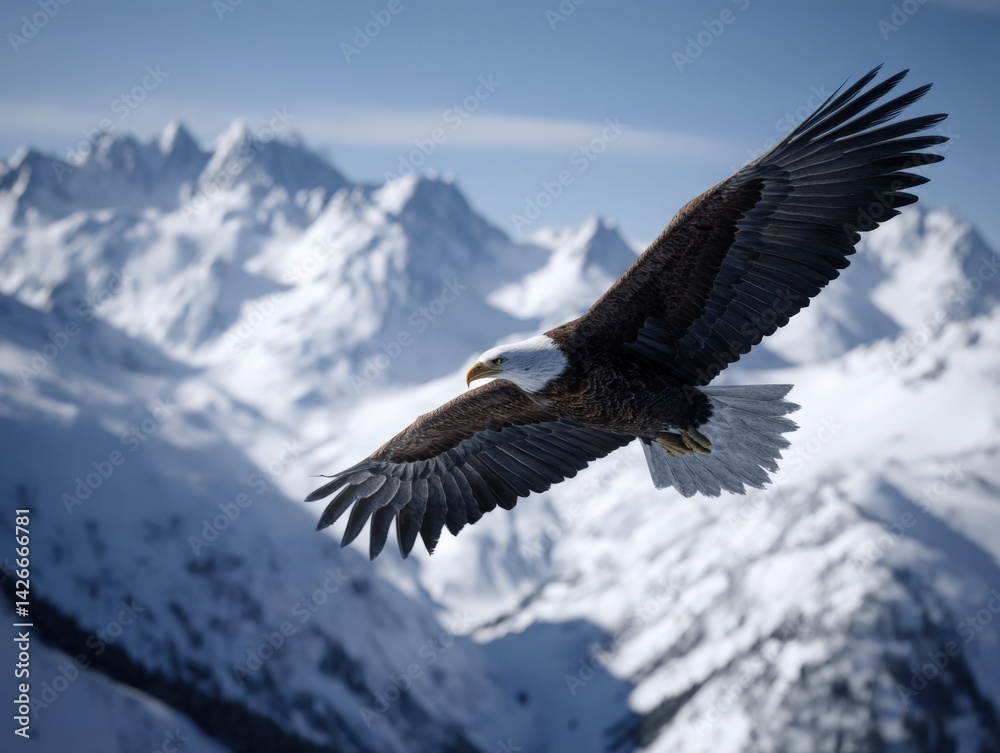 Obraz premium Majestic bald eagle soaring over snow-capped mountains, symbolizing freedom and power. Perfect for wildlife documentaries, travel brochures, and patriotic themes.