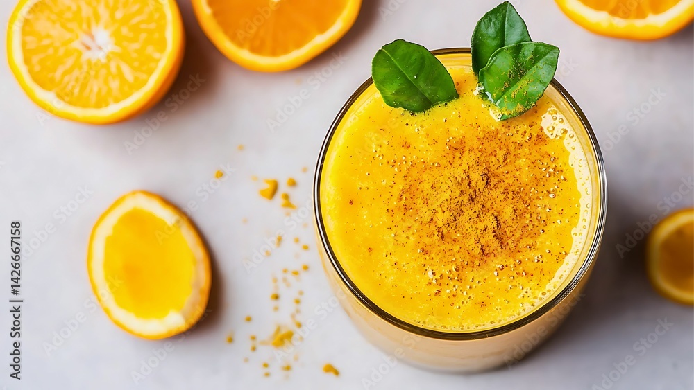 A refreshing and healthy orange smoothie, surrounded by orange slices, suggesting a burst of citrus flavor and vitality A refreshing and healthy orange smoothie, surrounded by orange slices, suggesting a burst of citrus flavor and vitality