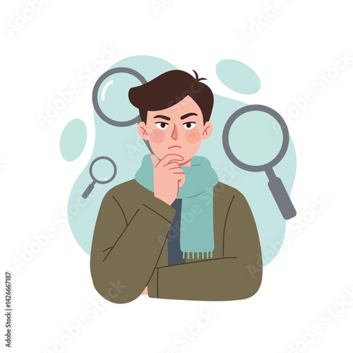 Young man in thoughtful pose with magnifying glasses in background vector illustration