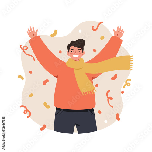 Young man celebrating with raised hands wearing orange sweater and yellow scarf autumn celebration illustration 
