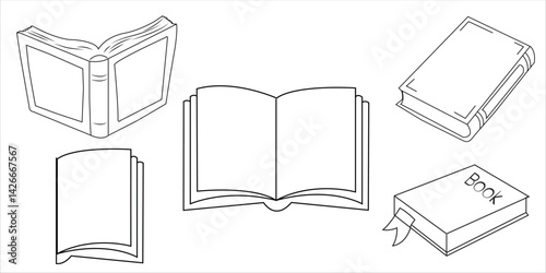 Black and White Book Clipart Set – Outline Illustrations of Open and Closed Books