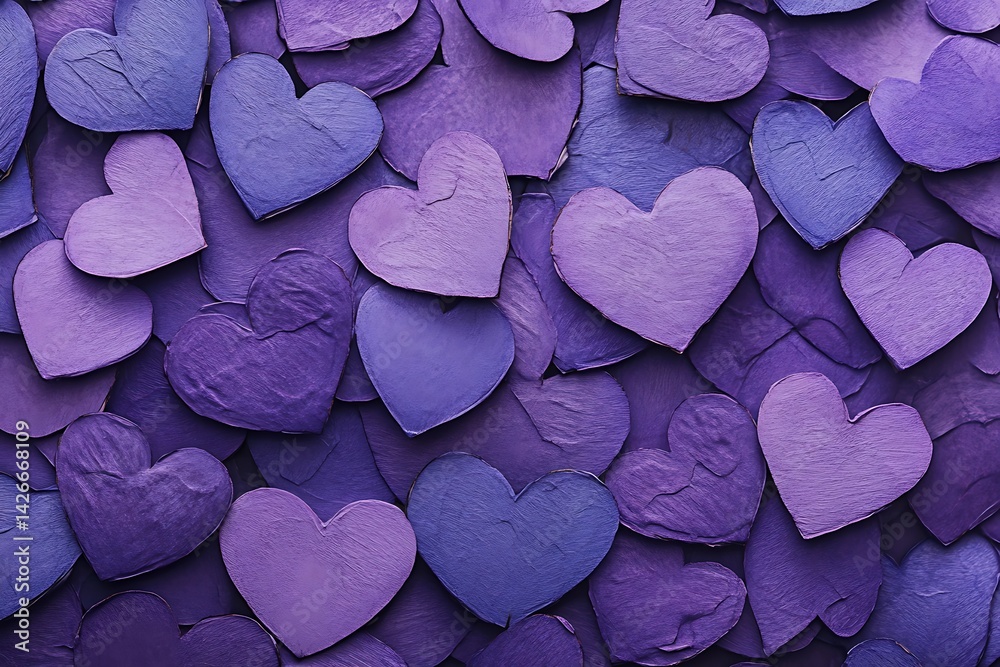 Obraz premium Purple heart-shaped bokeh lights glowing softly in a dreamy, romantic atmosphere.
