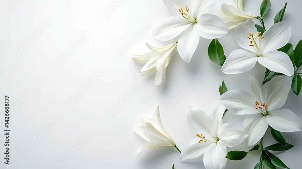 Obraz premium Elegant white lily flowers arrangement on horizontal pure white background studio photography