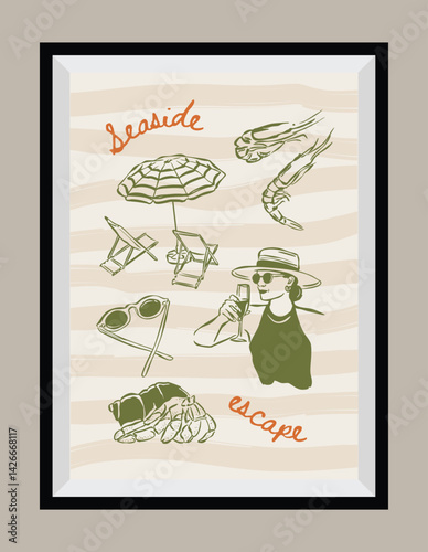 La Dolce Vita illustrations with an aesthetic quote in a poster frame. Ocean and beach sketch style doodles.