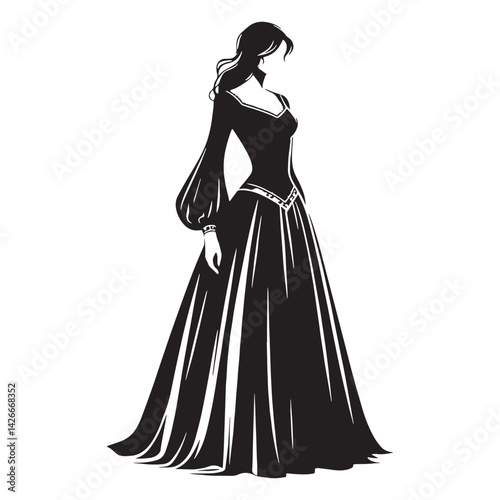 Romantic Medieval-Inspired Dress silhouette, perfect for renaissance fairs – Medieval-Inspired Dress illustration – Minimalist Medieval-Inspired Dress vector – Ladies dress silhouette

