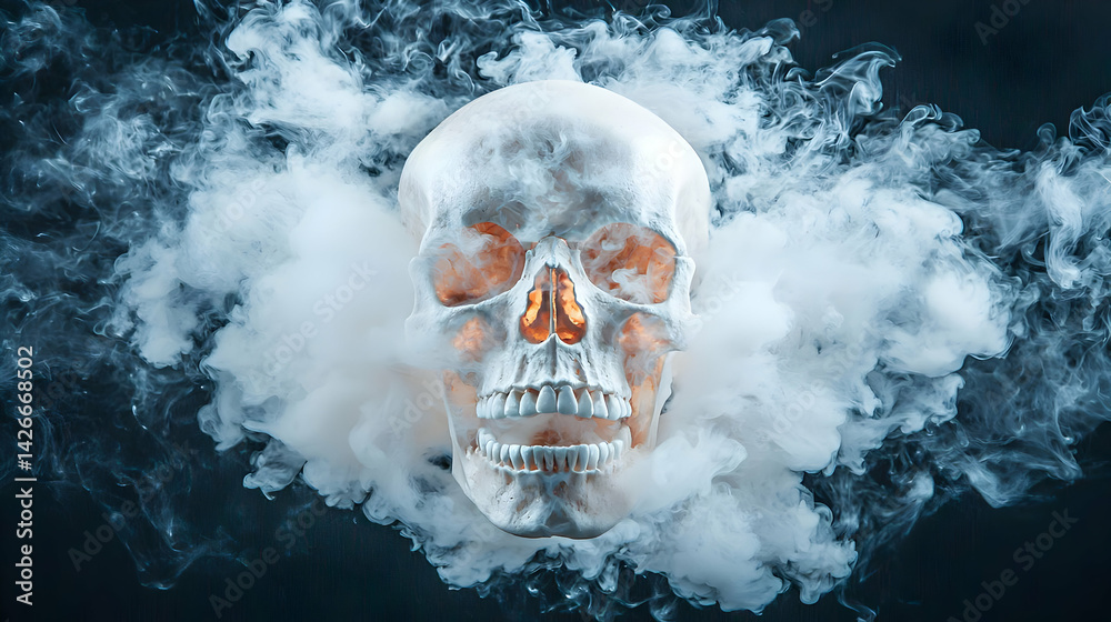 Skull In Dense White Smoke With Glowing Interior