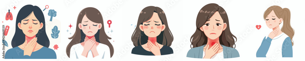 flat design vector collection of a young woman with a sore throat flat design vector collection of a young woman with a sore throat