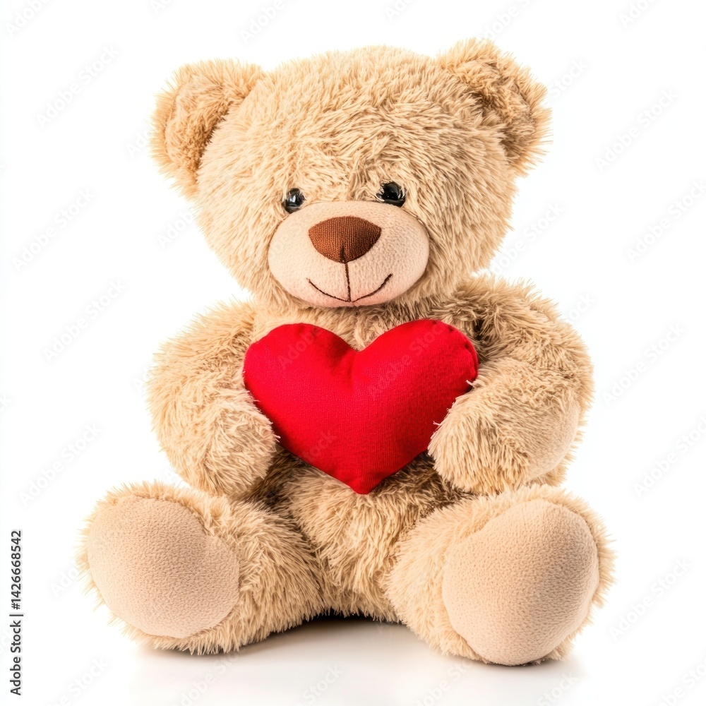 Obraz premium Light brown fluffy teddy bear holding a red heart toy cute valentine's.