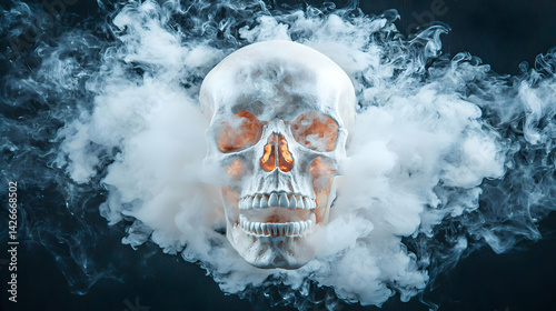 Skull In Dense White Smoke With Glowing Interior