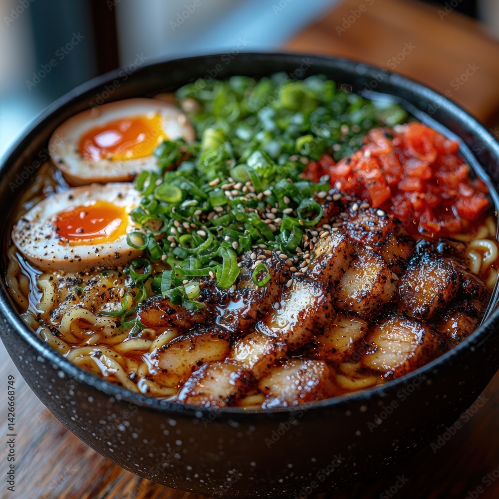 Delicious Ramen Bowl with Pork Belly, Egg, and Fresh Green Onions