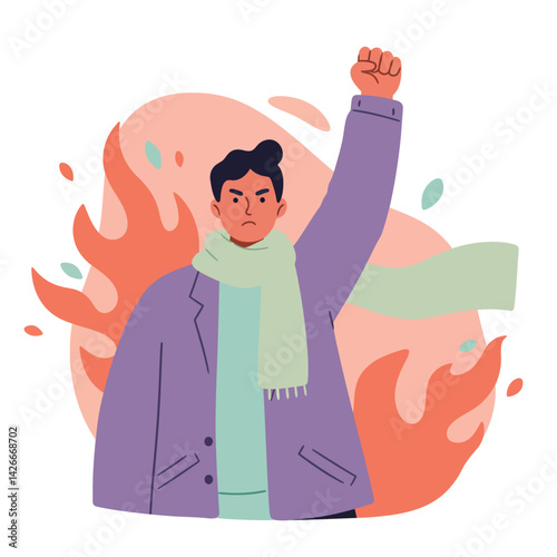 Angry man in purple coat and green scarf raising fist with fire flames background vector illustration 