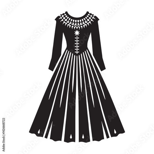 Regal Medieval-Inspired Dress silhouette, fit for noble gatherings – Medieval-Inspired Dress illustration – Minimalist Medieval-Inspired Dress vector – Ladies dress silhouette

