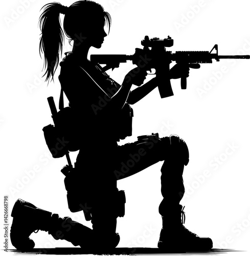 Silhouette of a Female Soldier Kneeling with Rifle