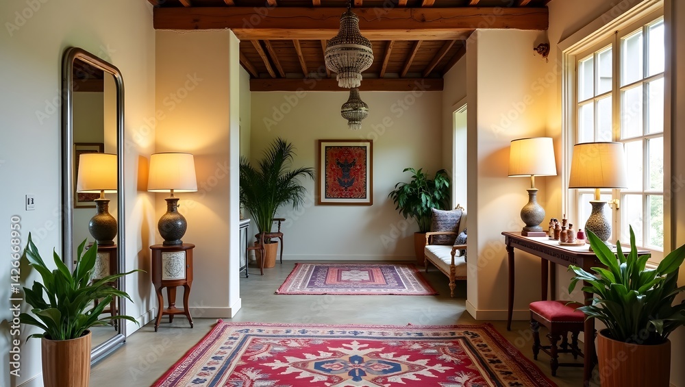 Boho entrance with mirror wall and patterned rug.