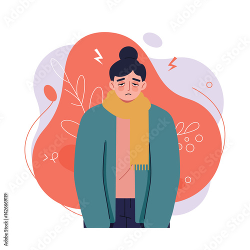 Sad young woman feeling unwell with scarf and winter coat vector illustration in modern flat style 