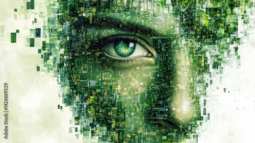 A visually striking digital artwork featuring a human eye embedded in a collage of green, pixelated images representing technology and abstract concepts.