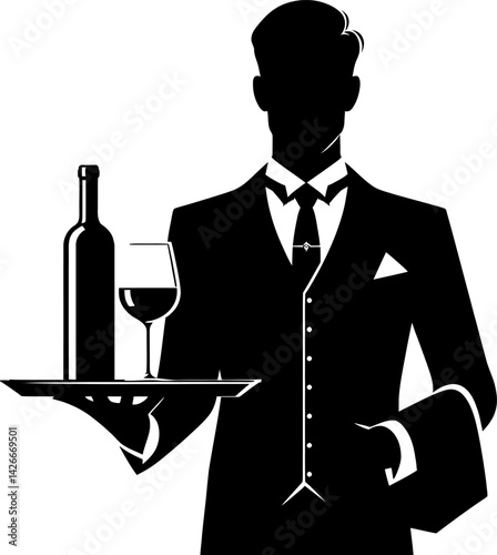 Elegant Waiter Silhouette Serving Wine Premium Vector Illustration