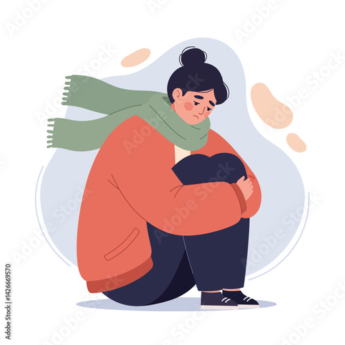 Sad young woman sitting hugging knees wearing orange jacket and green scarf vector illustration 