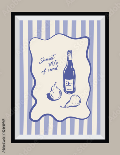 Sketch style la dolce vita illustration with an aesthetic quote in a poster frame. Drinks doodles.