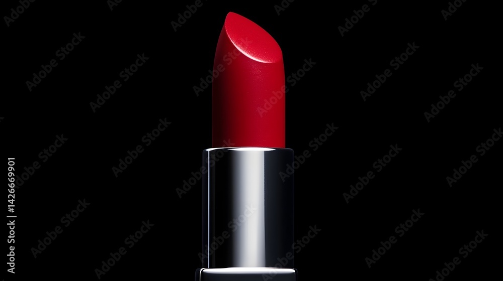 Obraz premium Luscious Red Lipstick Tube Against Sleek Black Backdrop, Glamorous Beauty Product Photography