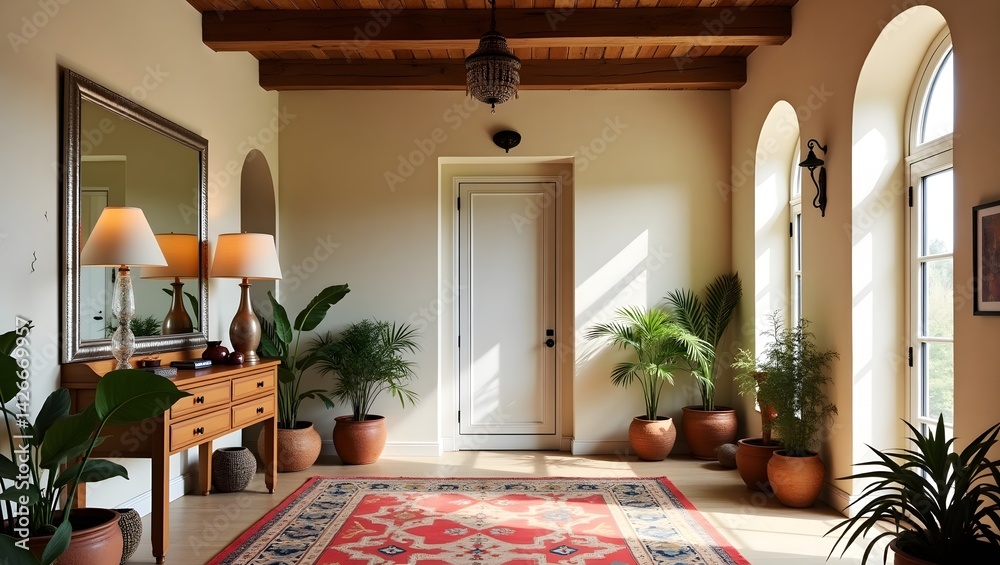 Boho entrance with mirror wall and patterned rug.