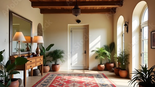 Obraz na płótnie Boho entrance with mirror wall and patterned rug. w salonie