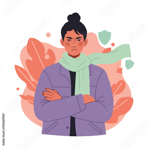 Young person with crossed arms wearing purple jacket and green scarf expressing anger vector illustration 