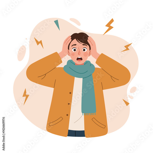 Stressed young man holding head feeling overwhelmed anxiety frustration vector illustration 
