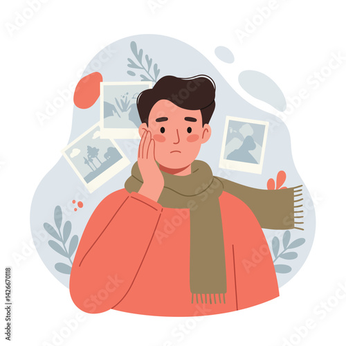Young man with scarf feeling nostalgic surrounded by photos and plants vector illustration 